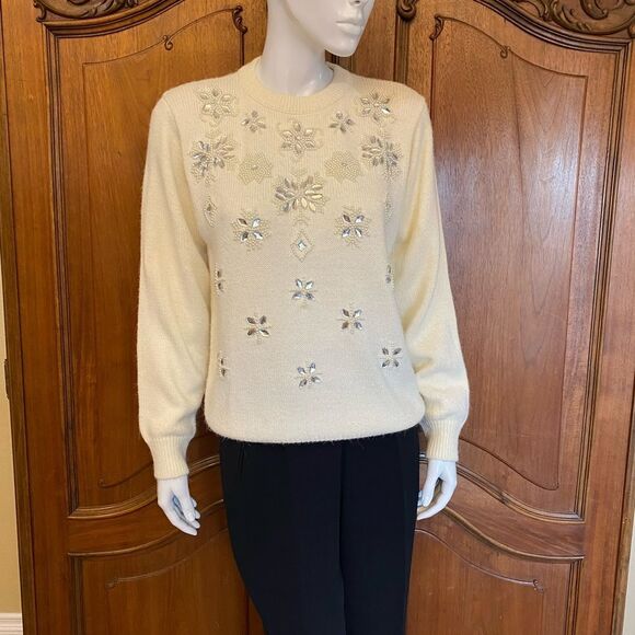 Vintage Sparkly Sweater Snowflakes Rhinestone Winter White Size Small - Picture 3 of 8